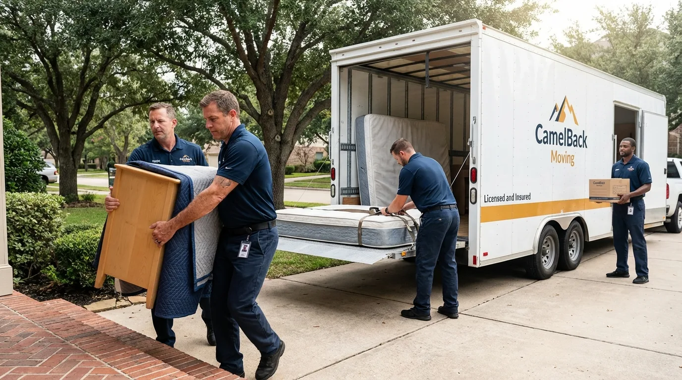 Crew loading residential truck for cross-state move from Hagerstown, IN