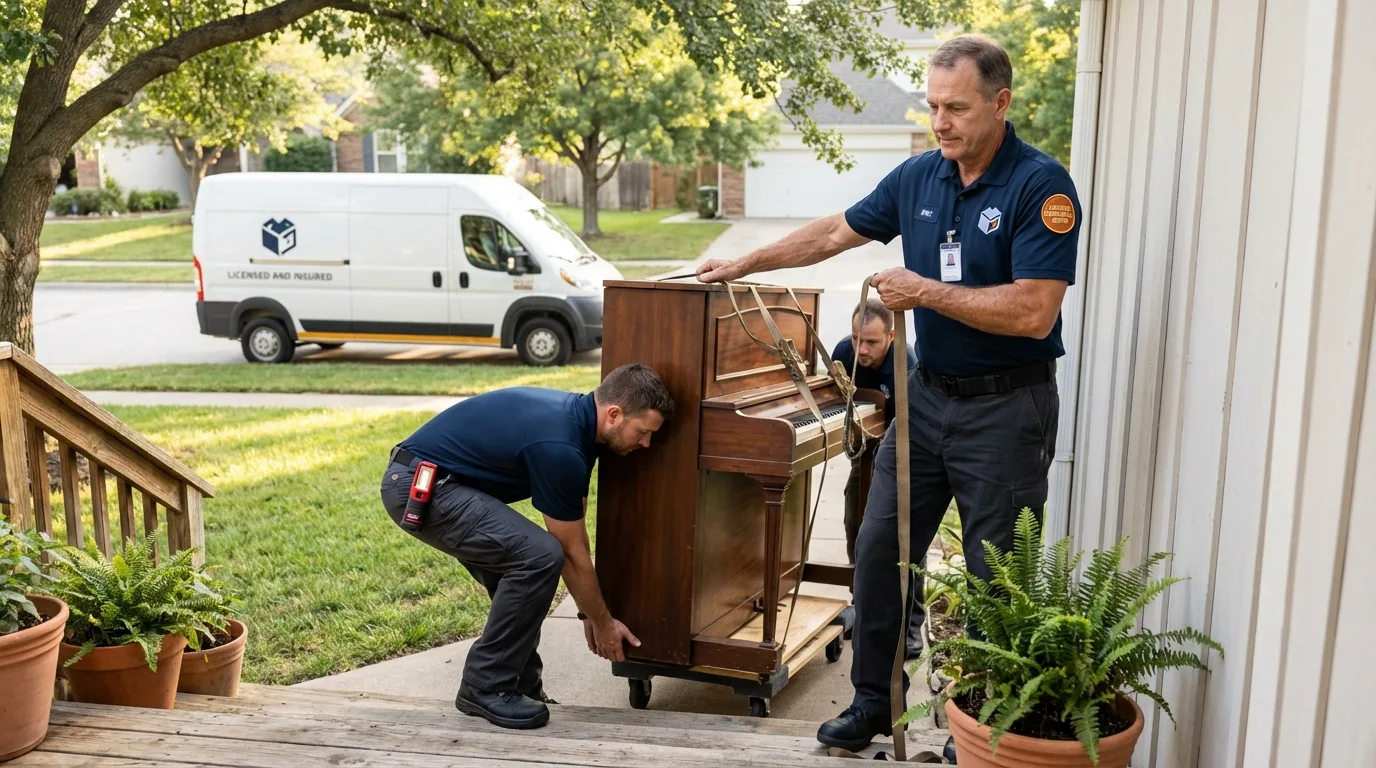 Licensed piano movers securing grand piano in Hagerstown, IN