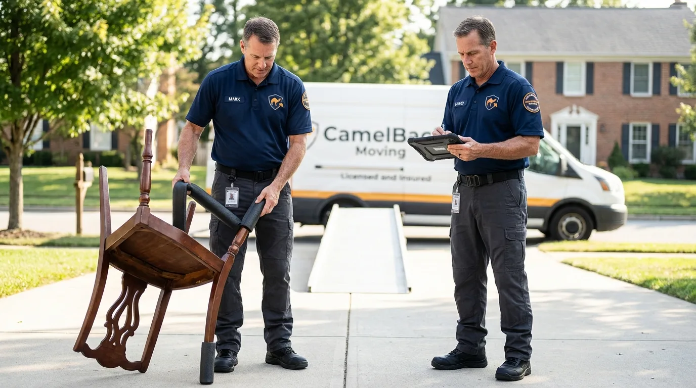 Movers inspecting furniture for damage prevention before loading in Hagerstown, IN