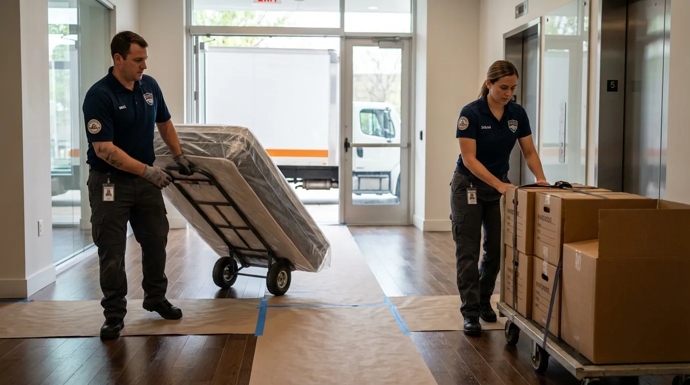 Professional apartment movers loading elevator in Hagerstown, IN
