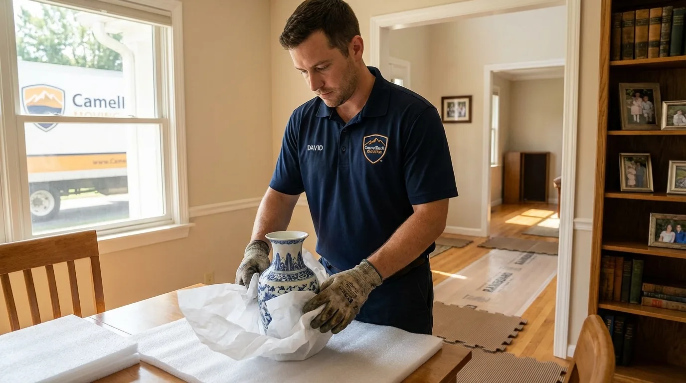 Professional crew carefully wrapping antique vase for senior downsizing move in Hagerstown, IN